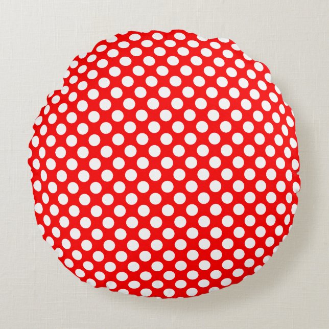 White on Red Medium Size Polka Dots Round Pillow (Front)