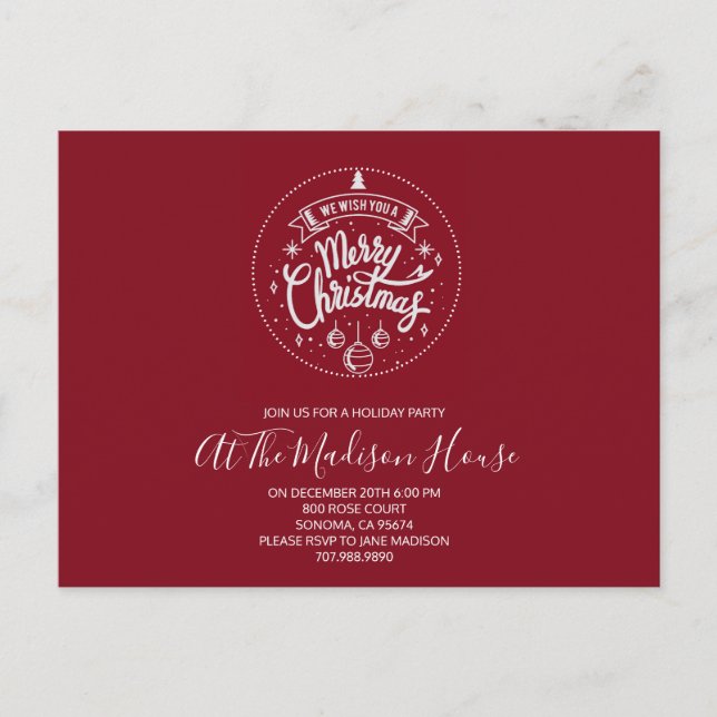 White On Red Merry Christmas Party Invitation Postcard (Front)
