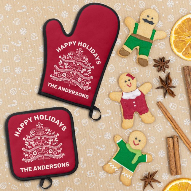 White on Red Scandinavian Folk Art Christmas Tree Oven Mitt & Pot Holder Set (Creator Uploaded)