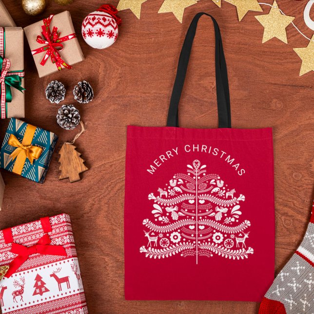 White on Red Scandinavian Folk Art Christmas Tree Tote Bag (Creator Uploaded)