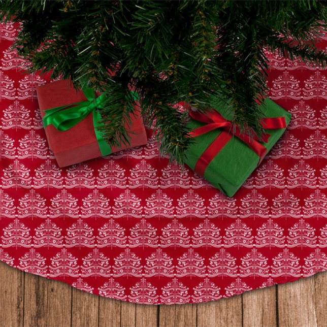 White on Red Scandinavian Nordic Christmas Tree Brushed Polyester Tree Skirt (Creator Uploaded)