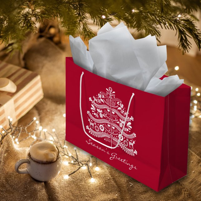 White on Red Scandinavian Nordic Christmas Tree Large Gift Bag (Creator Uploaded)