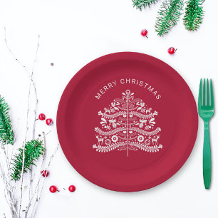 White on Red Scandinavian Nordic Christmas Tree Paper Plate