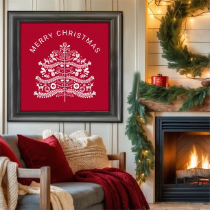 White on Red Scandinavian Nordic Christmas Tree Poster