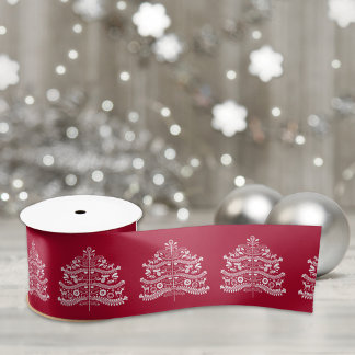 White on Red Scandinavian Nordic Christmas Tree Satin Ribbon