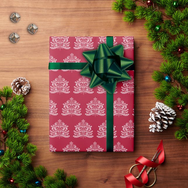 White on Red Scandinavian Nordic Christmas Tree Wrapping Paper (Creator Uploaded)