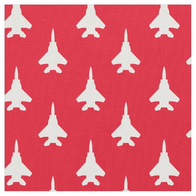 White on Red Strike Eagle Fighter Jet Pattern Fabric (Close Up)