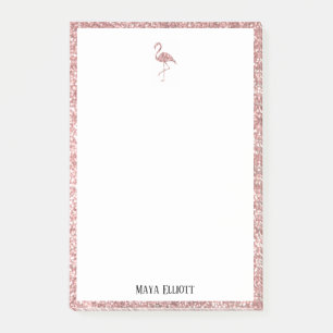 White on Rose Gold Glitter Flamingo & Border, Name Post-it Notes
