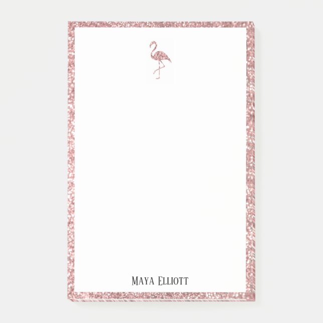 White on Rose Gold Glitter Flamingo & Border, Name Post-it Notes (Front)