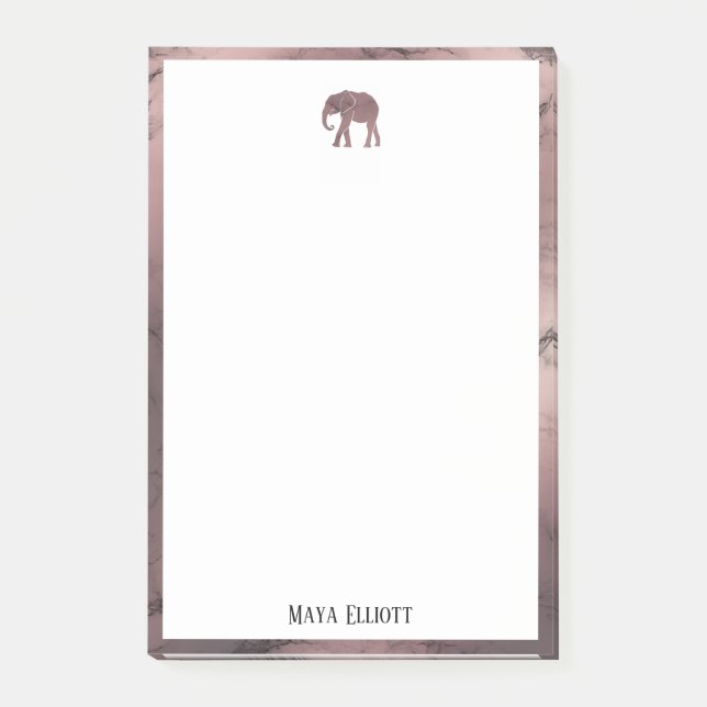 White on Rose Gold Marble, Elephant & Border, Name Post-it Notes (Front)