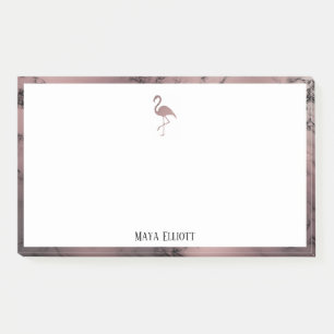 White on Rose Gold Marble, Flamingo & Border, Name Post-it Notes