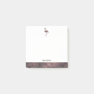 White on Rose Gold Marble, Flamingo & Border, Name Post-it Notes