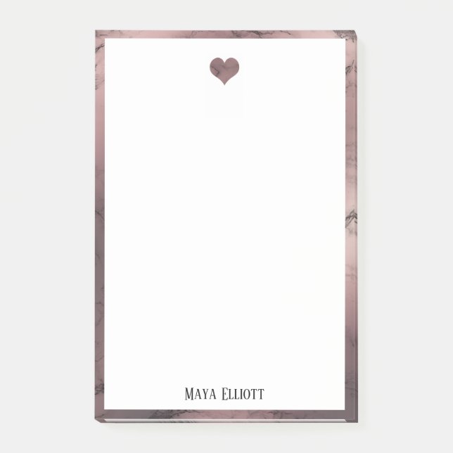 White on Rose Gold Marble, Heart & Border, Name Post-it Notes (Front)