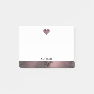 White on Rose Gold Marble, Heart & Border, Name Post-it Notes