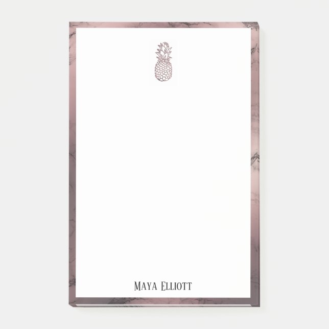 White on Rose Gold Marble Pineapple & Border, Name Post-it Notes (Front)