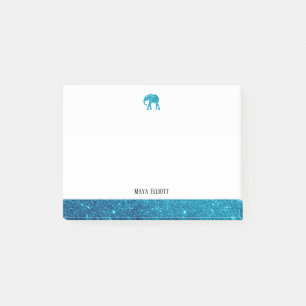 White on Teal Faux Glitter Elephant & Border, Name Post-it Notes
