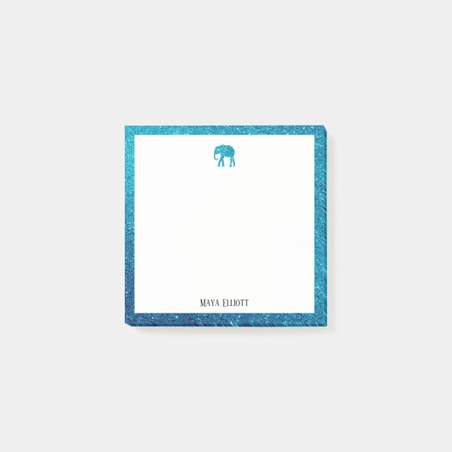 White on Teal Faux Glitter Elephant & Border, Name Post-it Notes (Front)