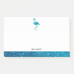 White on Teal Faux Glitter Flamingo & Border, Name Post-it Notes