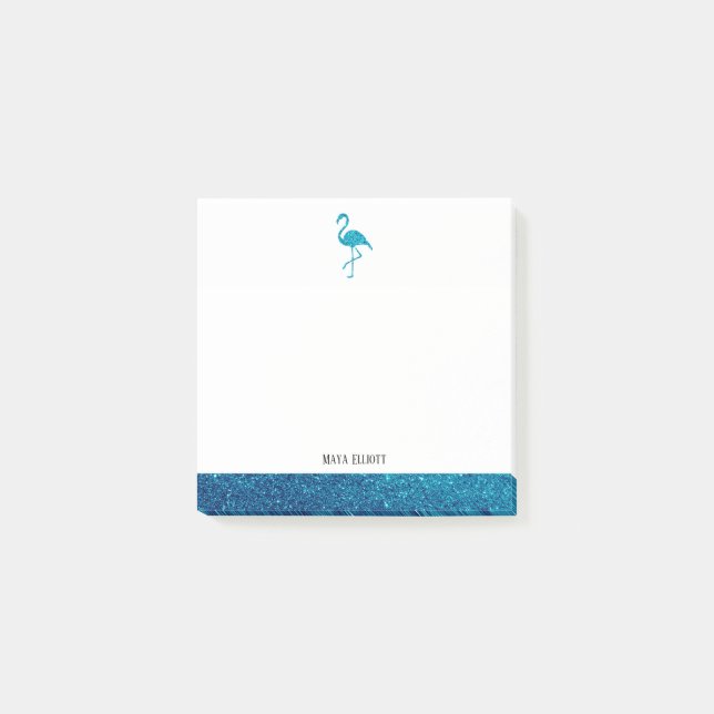 White on Teal Faux Glitter Flamingo & Border, Name Post-it Notes (Front)