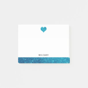 White on Teal Faux Glitter Heart & Border, Name Post-it Notes