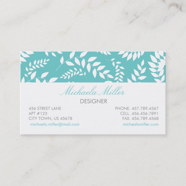 White on Teal Foliage Ferns Pattern Business Card (Front)