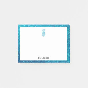 White on Teal Glitter Pineapple & Border, Name Post-it Notes