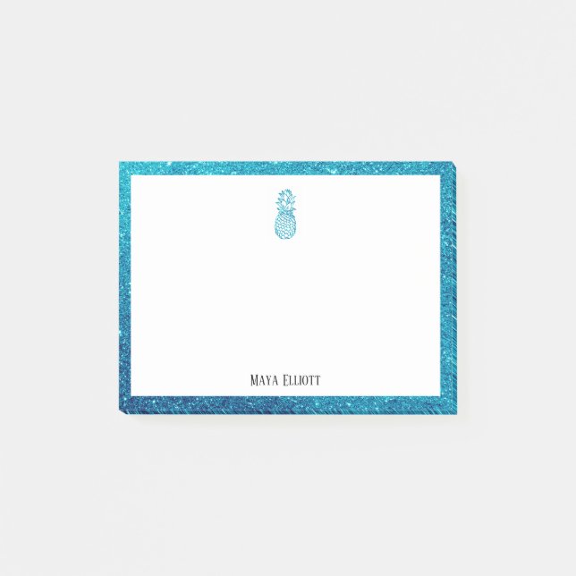 White on Teal Glitter Pineapple & Border, Name Post-it Notes (Front)