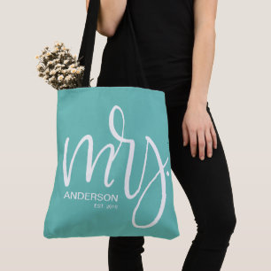 White on teal personalised Mrs. ESTABLISHED Tote Bag