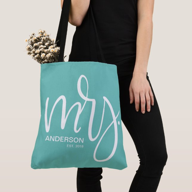 White on teal personalised Mrs. ESTABLISHED Tote Bag (Close Up)