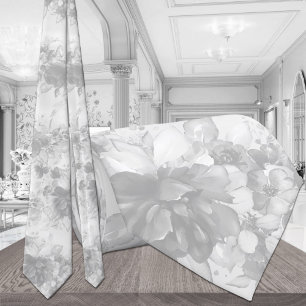 White On White Cascading Peonies Pale Grey Wedding Tie