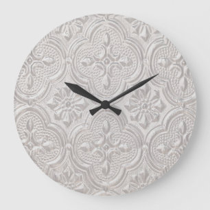 White On White Floral Pattern Large Clock