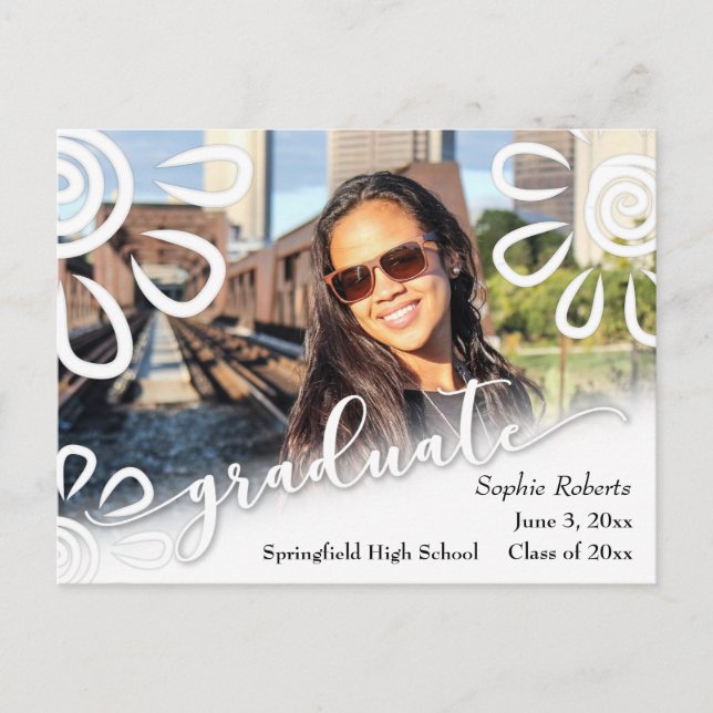 White on White Floral with Graduation Photo Announcement Postcard (Front)