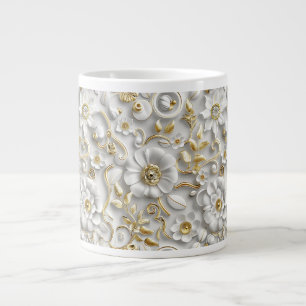 White on White Ornamental Floral and Golden Leaves Large Coffee Mug