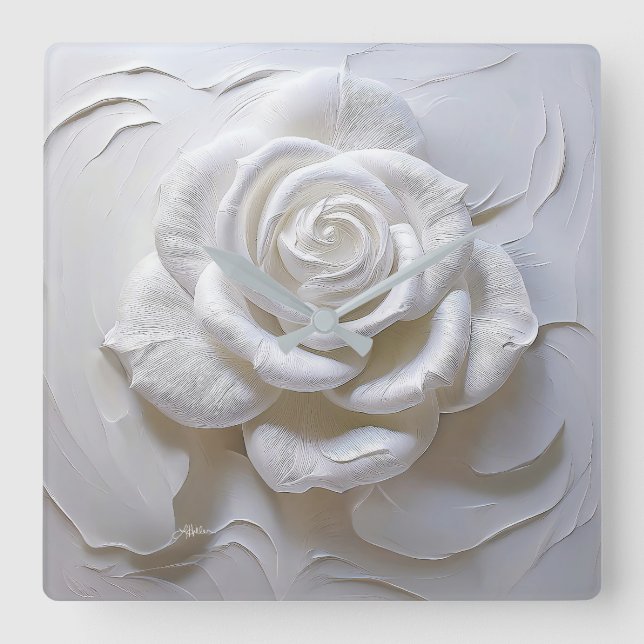 White On White - Sculpted Rose Square Wall Clock (Front)
