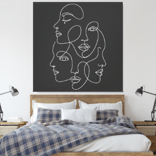 White One Line Faces Abstract Black Art Canvas Print