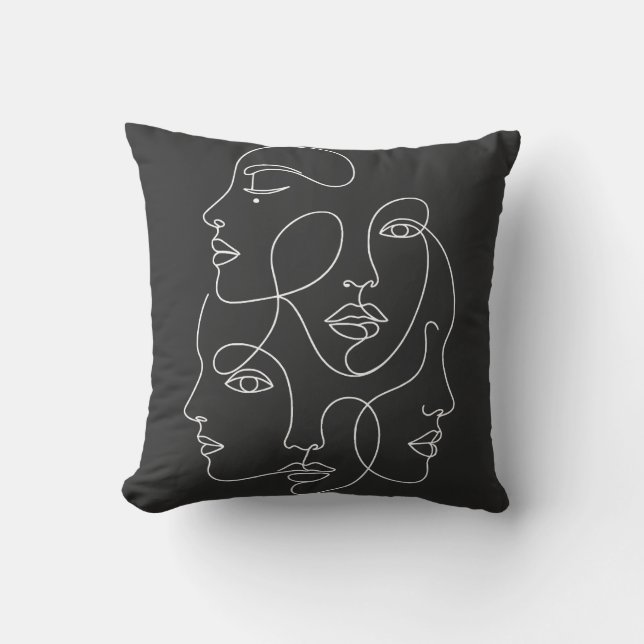 White One Line Faces Abstract Black Art Cushion (Front)