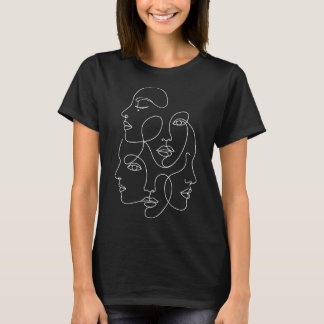 White One Line Faces Abstract Black Art T-Shirt