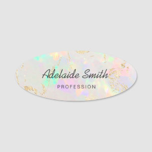 white opal and faux gold foil veins name tag