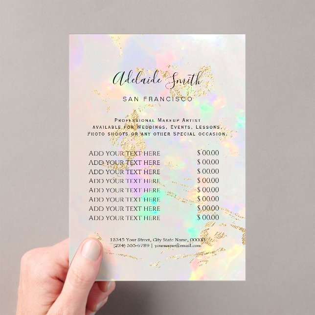 white opal background price list beauty salon acrylic invitations (Insitu (Handheld))