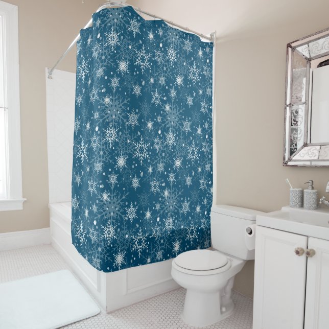 White openwork snowflakes shower curtain (In Situ)
