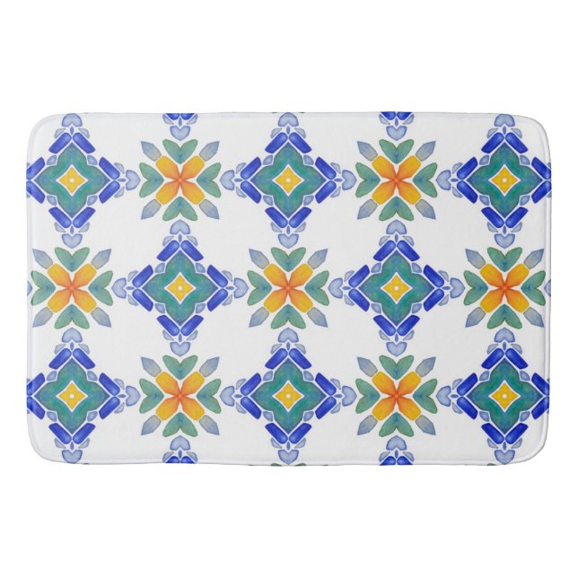White orange blue green mosaic tile pattern bath mat (Front)