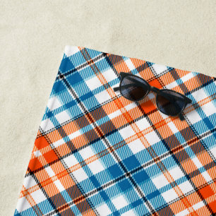 White Orange Blue Plaid Tartan Design Beach Towel