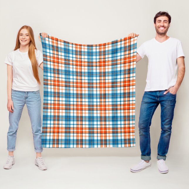 White Orange Blue Plaid Tartan Design  Fleece Blanket (In Situ)