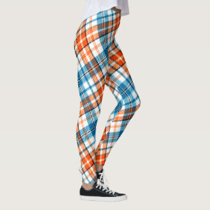 White Orange Blue Plaid Tartan Design  Leggings