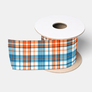 White Orange Blue Plaid Tartan Design Satin Ribbon