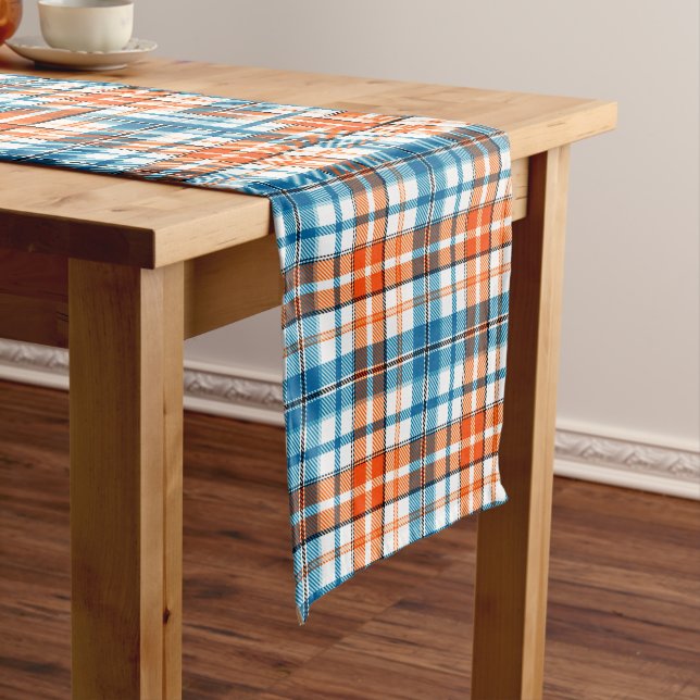 White Orange Blue Plaid Tartan Design  Short Table Runner (In Situ)