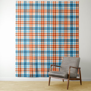 White Orange Blue Plaid Tartan Design  Tapestry