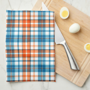 White Orange Blue Plaid Tartan Design Tea Towel
