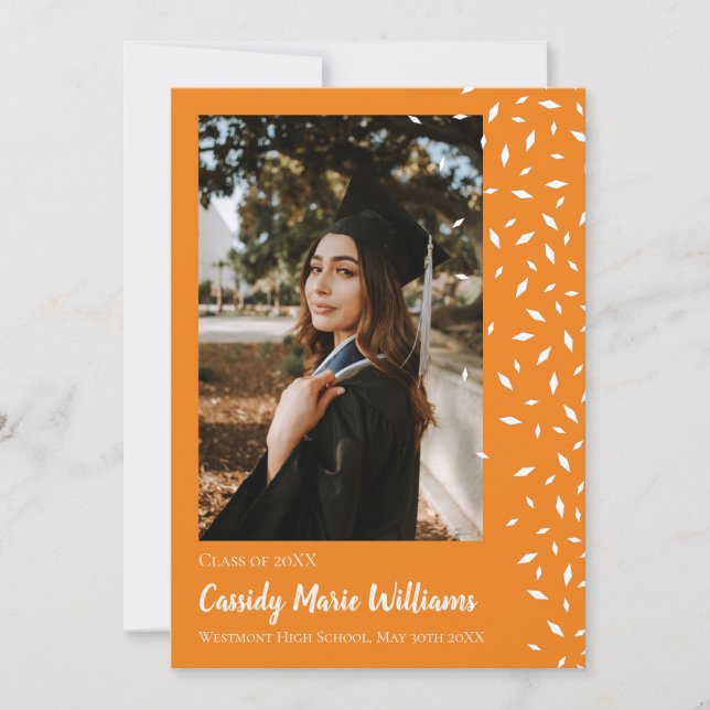 White Orange Confetti Graduation Announcement (Front)