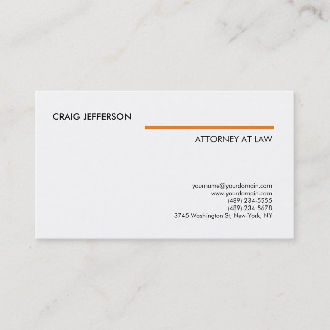 White Orange Consultant Attorney Lawyer Modern Business Card (Front)